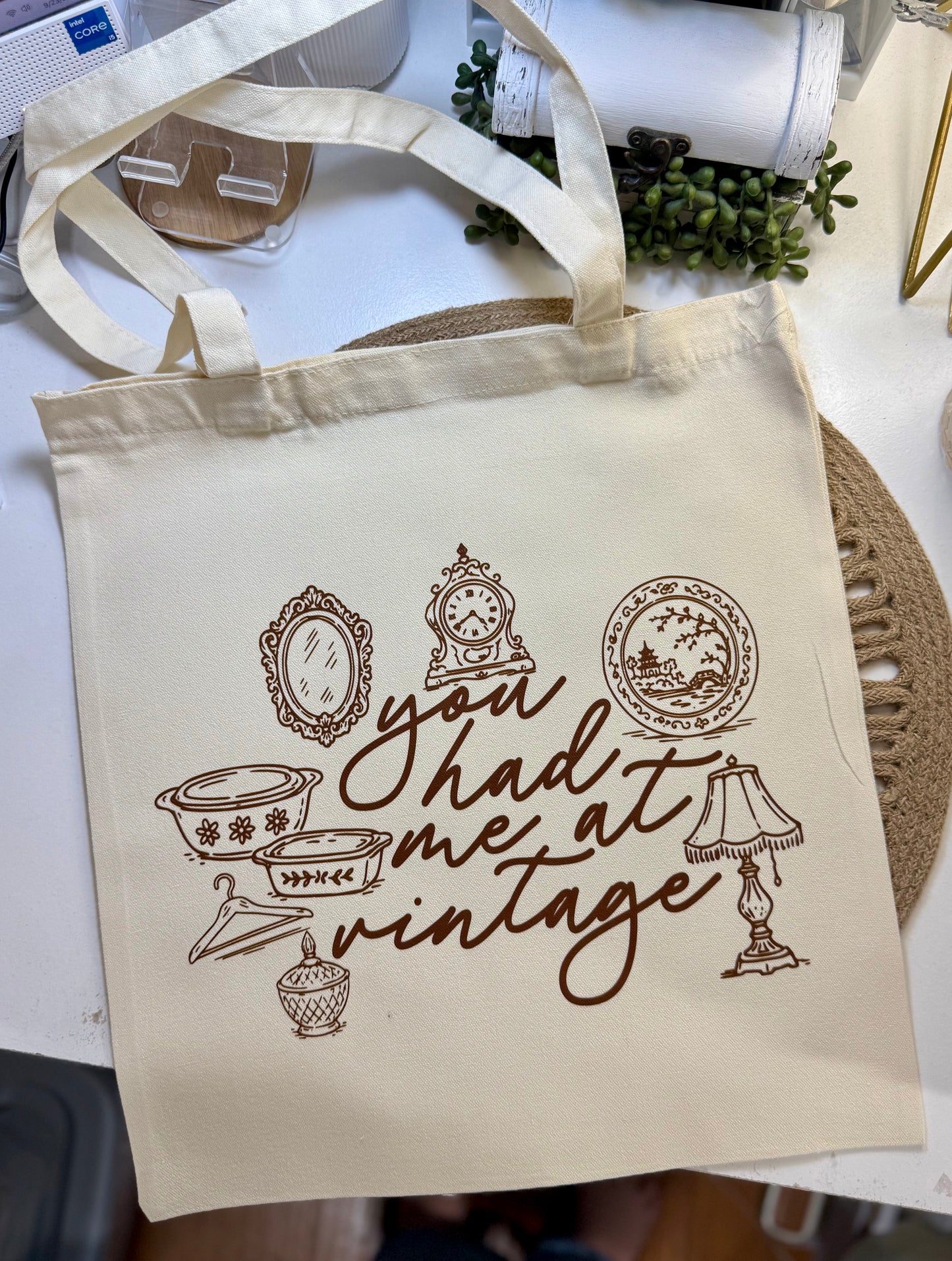 You Had Me At Vintage Collage Canvas Bag