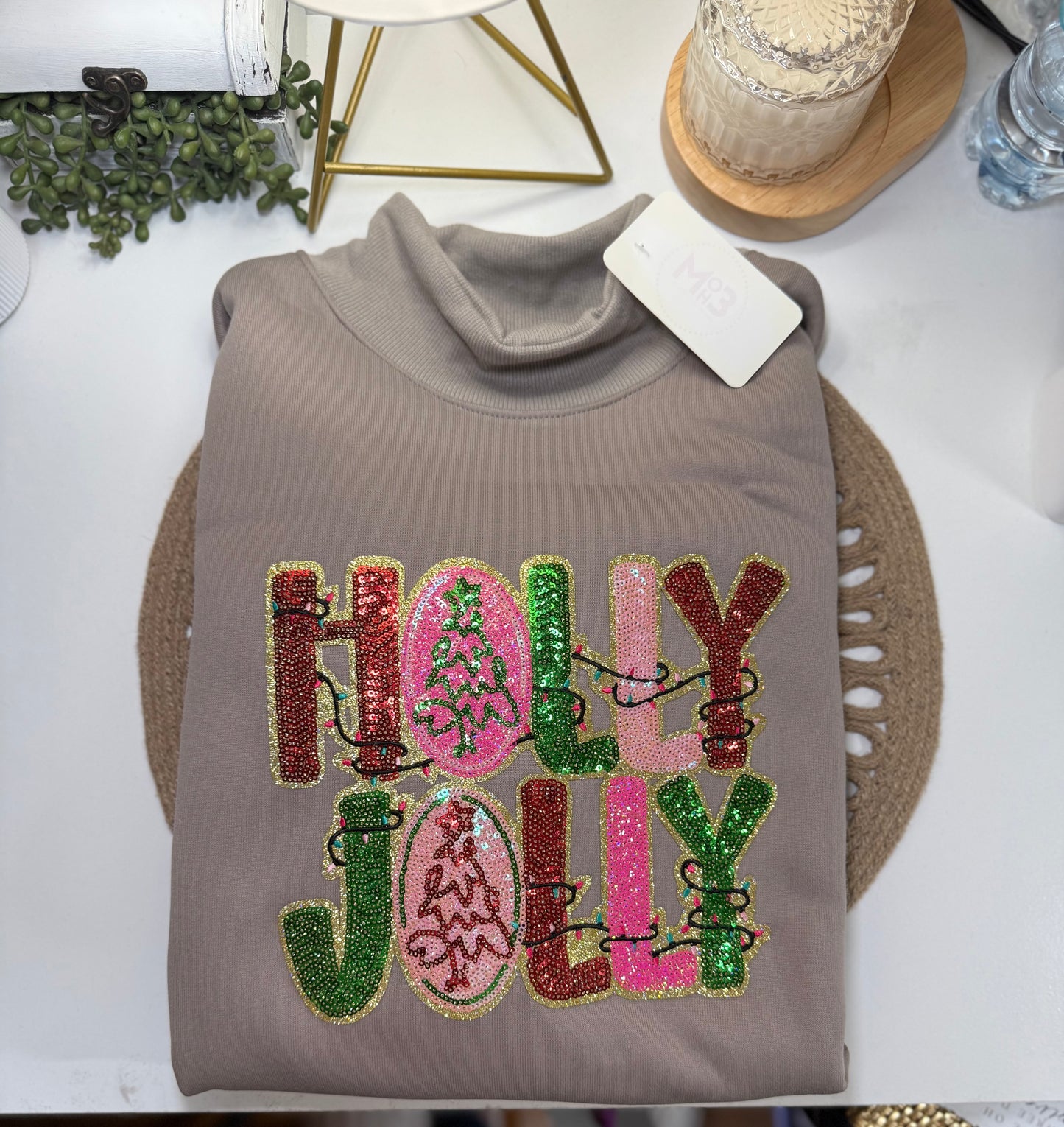 Holly Jolly Sequin Mock-Neck Sweatshirt