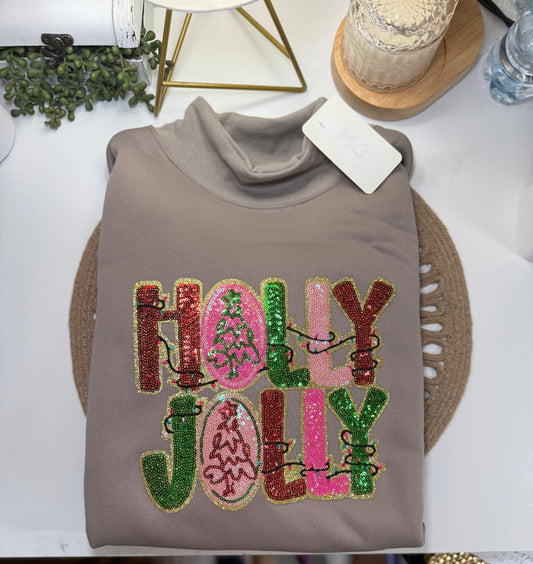 Holly Jolly Sequin Mock-Neck Sweatshirt
